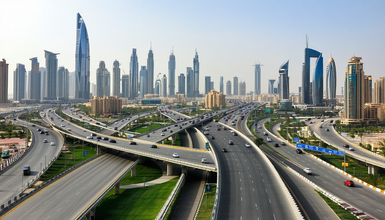 Dubai cityscape with major highways and road networks